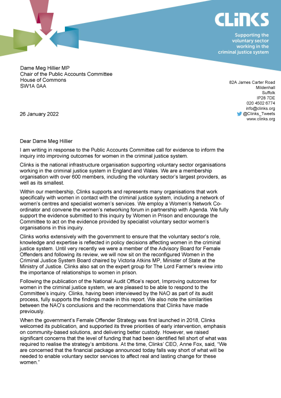 Letter to the Public Accounts Committee Clinks